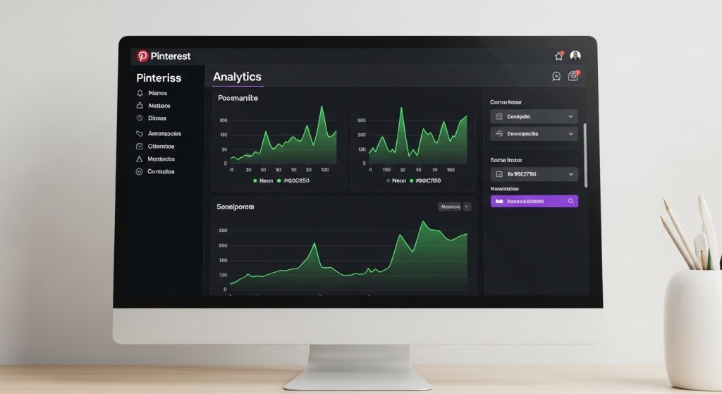 Um painel de Pins do Pinterest mostrando métricas de crescimento orgânico.
