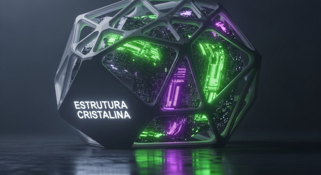 Uma estrutura de cristal transparente com luzes verdes e roxas correndo por dentro como circuitos.