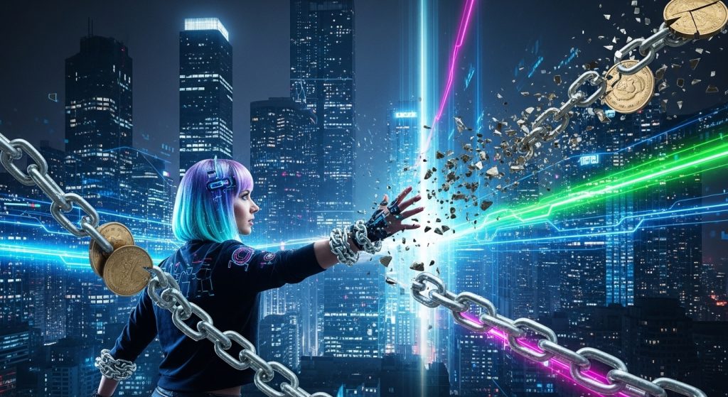 Um criador de conteúdo digital quebrando correntes simbólicas de moedas antigas em direção a um futuro neon.
