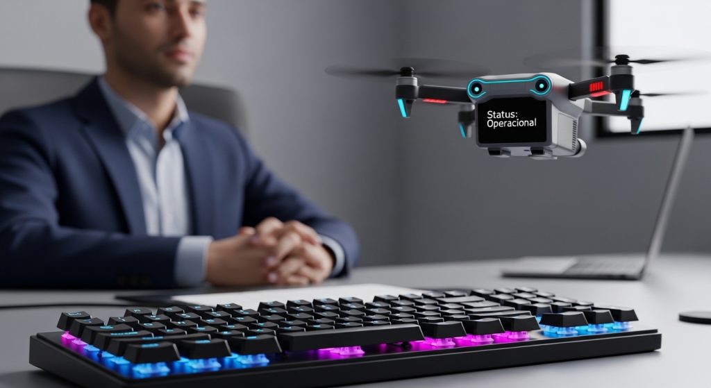 Um criador de conteúdo operando um painel de controle holográfico com luzes neon roxas e verdes.