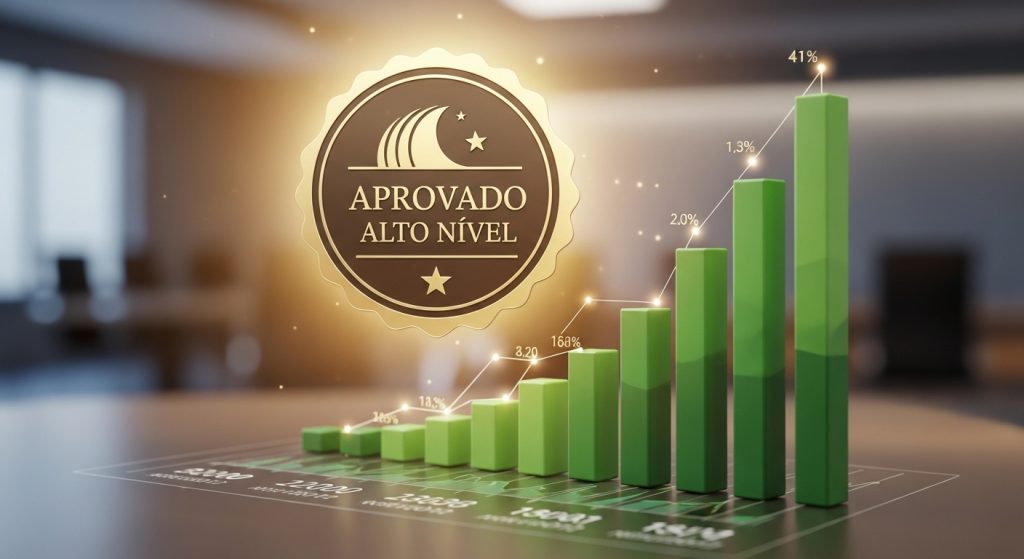 Um selo de garantia de luxo flutuando sobre dados de crescimento.
