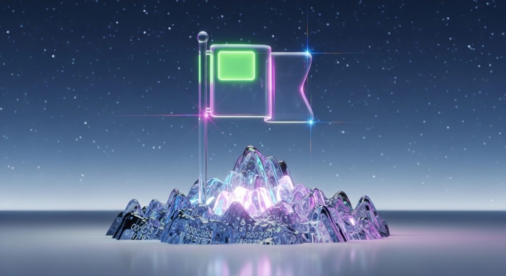 Uma bandeira digital com o logo da Mordoomize fincada no topo de uma montanha de dados.