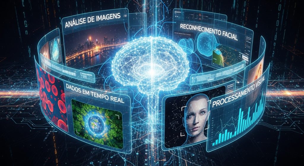 Um olho tecnológico analisando diversos objetos digitais flutuantes com luzes neon roxas e verdes.