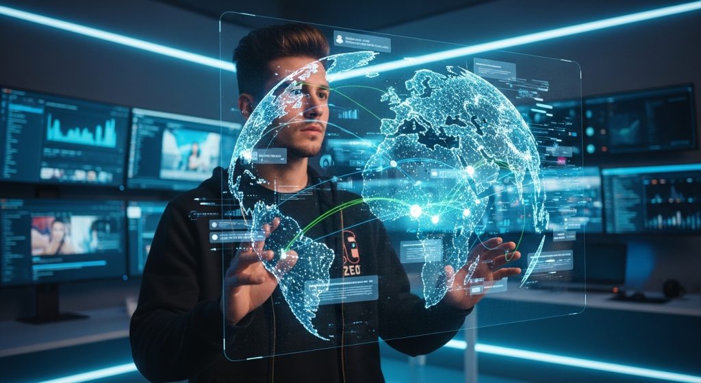 Um criador de conteúdo observando um mapa holográfico de expansão do seu império digital.
