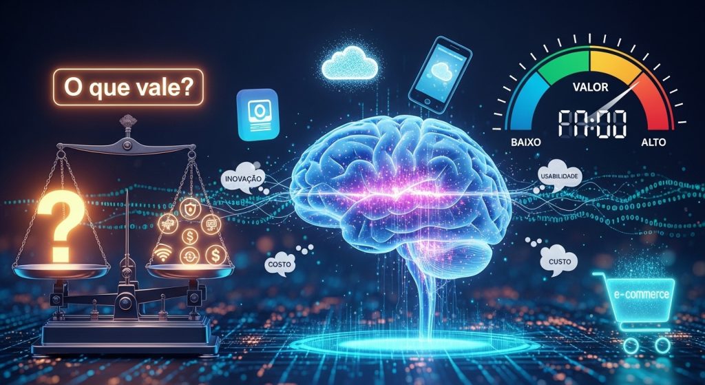 Ilustração de um cérebro analisando etiquetas de preços com ícones de moedas e gráficos de valor.