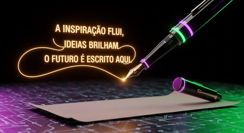 Uma caneta-tinteiro futurista escrevendo palavras de ouro em um pergaminho digital neon.