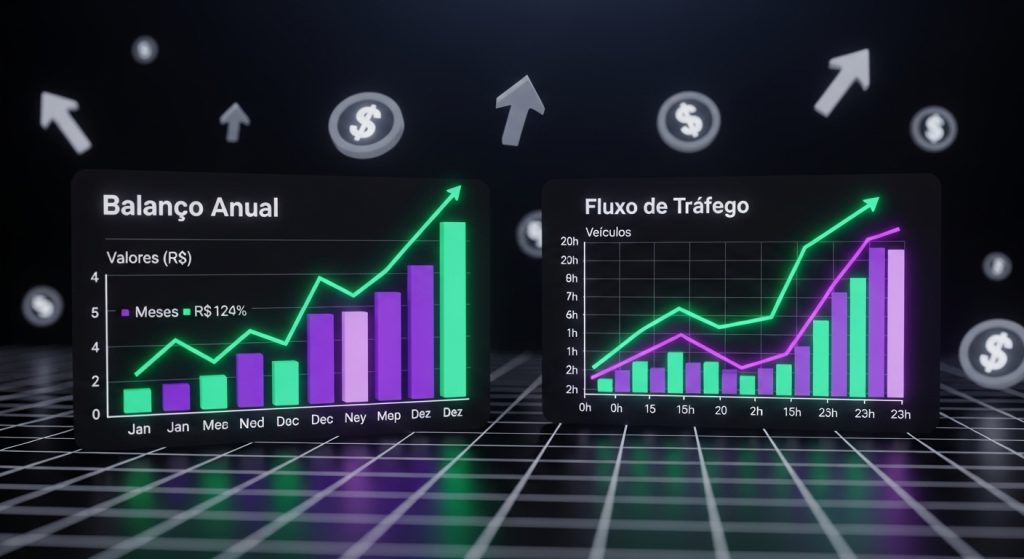 Gráficos de crescimento e tabelas de dados flutuando em um ambiente 3D neon