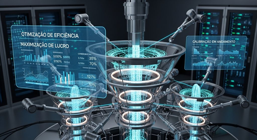 Uma visão panorâmica de dados financeiros e de tráfego sendo analisados em tempo real.

