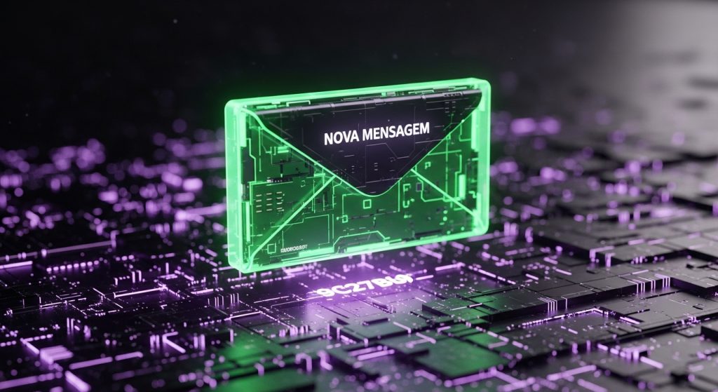 Um envelope digital brilhando em luz neon verde flutuando sobre uma base de circuitos roxos.