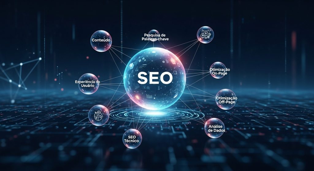 Uma rede de esferas conectadas representando diferentes conceitos de SEO em um espaço digital.