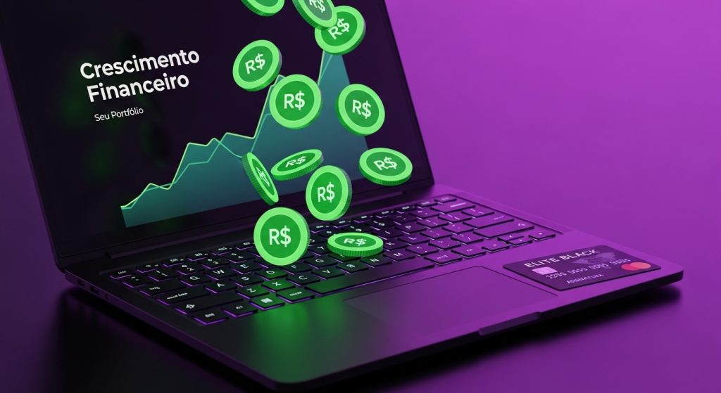 Uma chuva de moedas digitais neon caindo sobre um teclado de computador futurista.