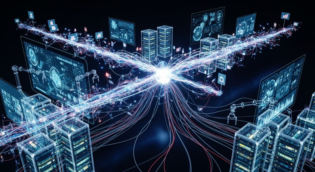 Múltiplas torres de servidores emitindo luzes neon em uma cidade futurista.