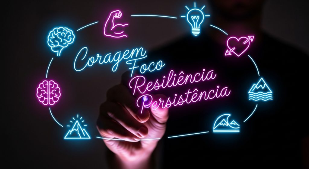 Uma mão segurando uma caneta de luz neon que escreve palavras de poder no ar, cercada por ícones de gatilhos mentais.