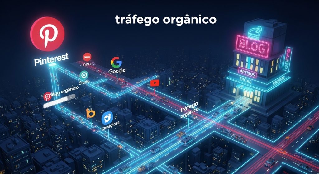 Um smartphone exibindo o feed do Pinterest com gráficos de crescimento neon saindo da tela.