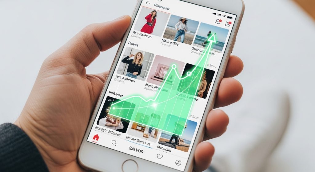 Uma mão segurando um smartphone que exibe um gráfico de vendas verde neon sobrepondo o feed do Pinterest.