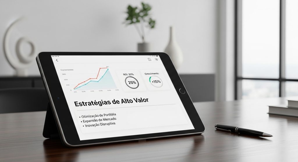 Um ambiente de luxo minimalista com um tablet exibindo estratégias de alto valor.
