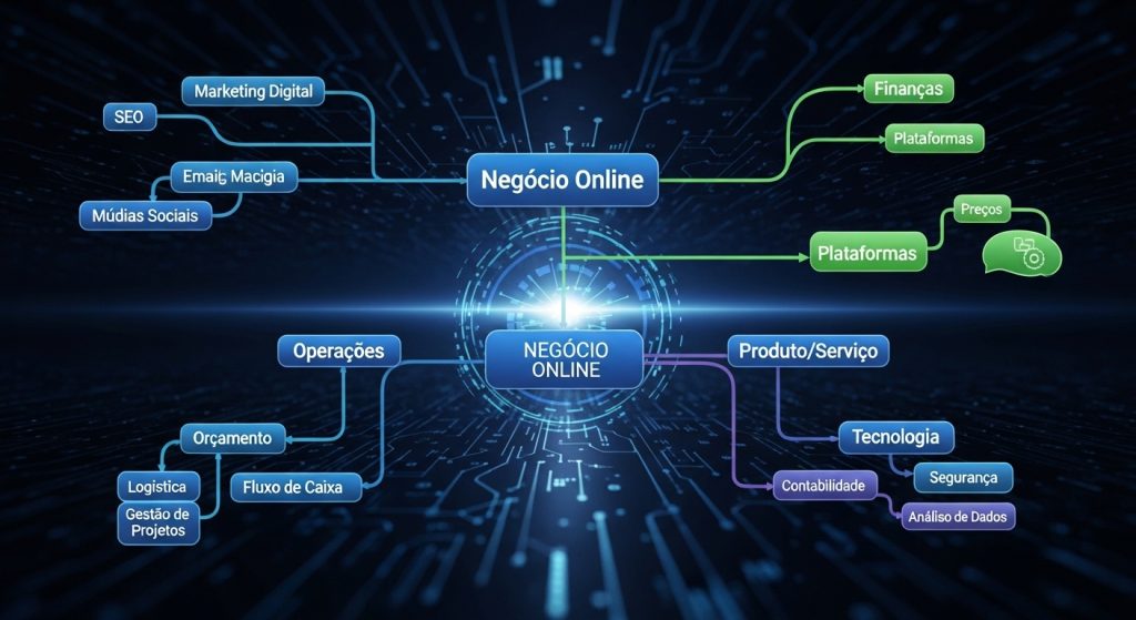 Um esquema de rede mostrando a conexão entre blog, redes sociais e vendas.
