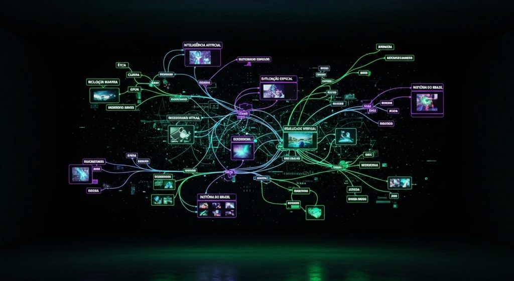 Um mapa mental digital brilhante conectando diferentes tópicos de um blog de nicho.
