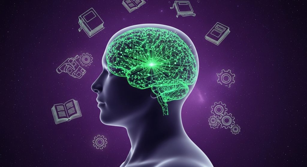 Uma representação artística de uma mente se expandindo com luzes e conexões digitais.
