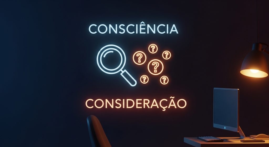 Três diferentes copos de café representando as etapas do funil de vendas: Atração, Retenção e Conversão.