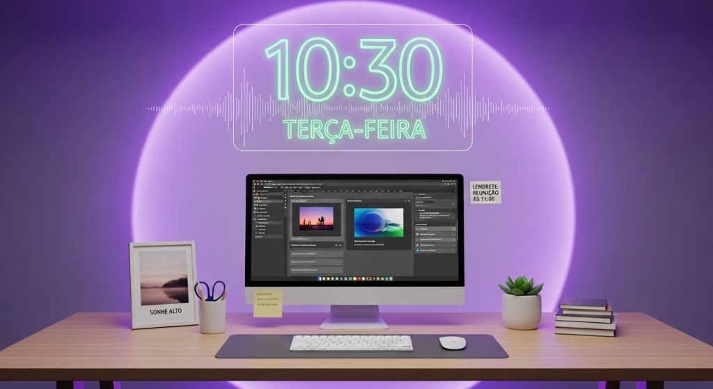Um relógio digital futurista flutuando sobre uma mesa de trabalho organizada e moderna.
