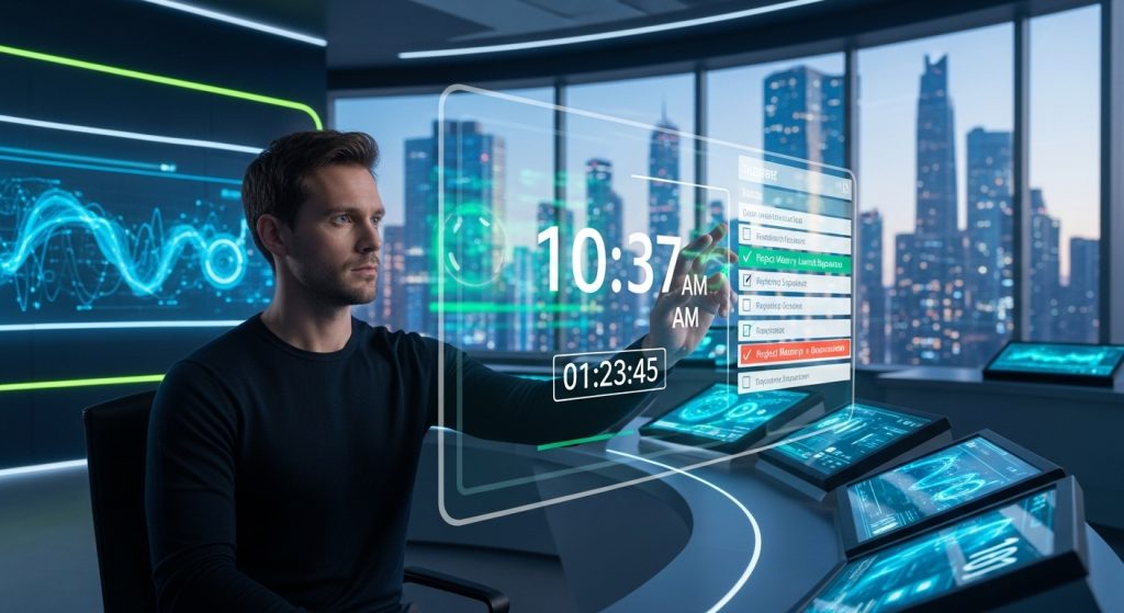 Solopreneur em um ambiente de alta tecnologia controlando um relógio digital e tarefas.