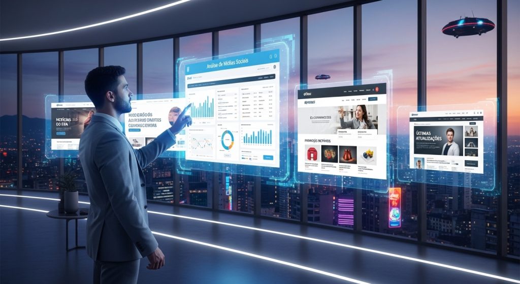 Um estrategista digital em um escritório futurista observando vários hologramas de sites.
