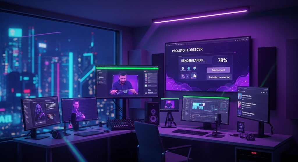 Um criador de conteúdo sentado em um escritório moderno, cercado por telas que exibem dados e arte digital neon.
