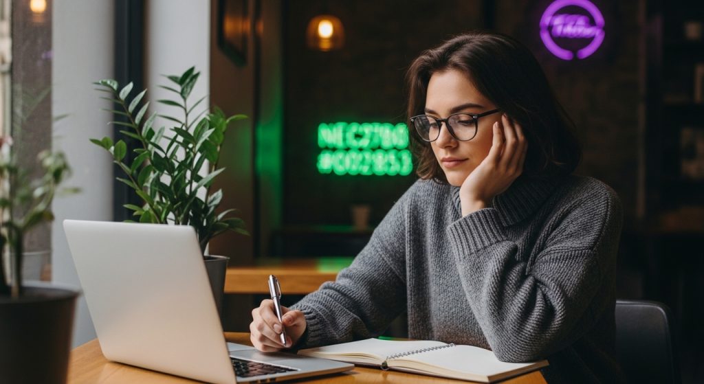 Um criador de conteúdo sorridente estudando em um café, transmitindo paz e evolução.
