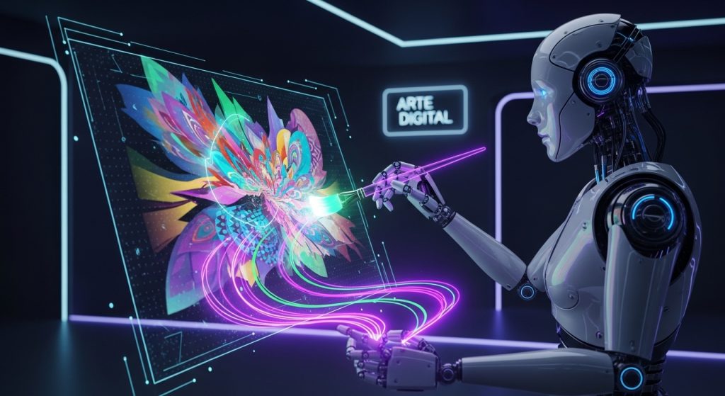 Um robô artista pintando uma tela digital com pincéis de luz neon roxa e verde.