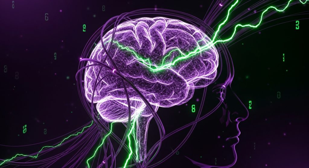 Um cérebro digital conectado a cabos de fibra ótica brilhando em roxo e verde neon.