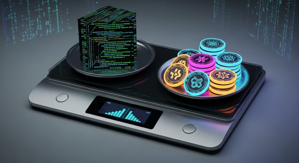 Uma balança digital futurista comparando blocos de códigos e moedas neon.