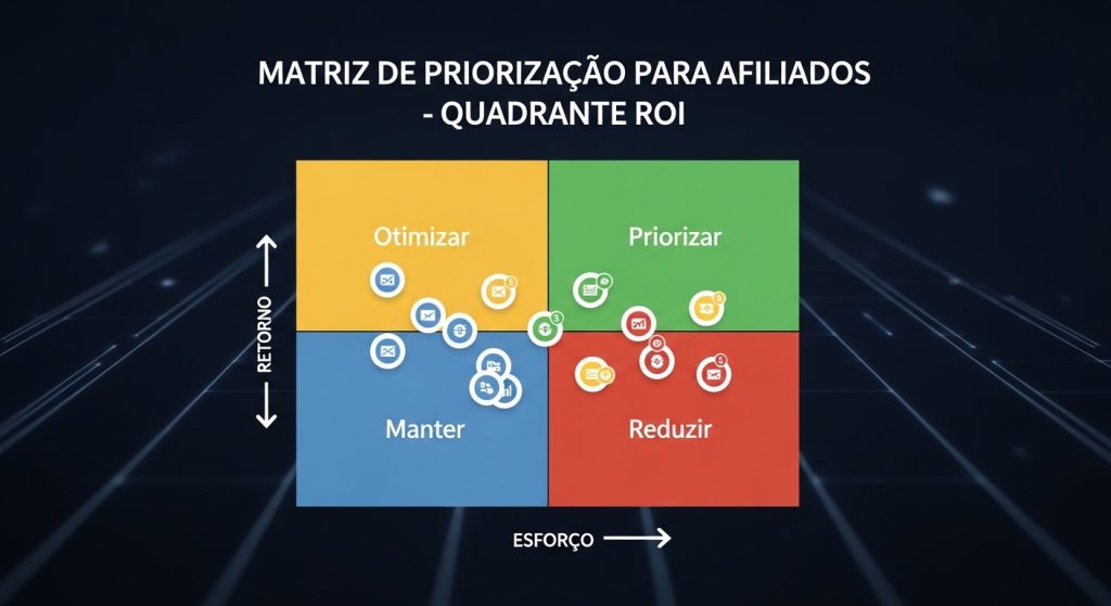 Um infográfico 3D da Matriz de Priorização para Afiliados dividindo tarefas por impacto e urgência.
