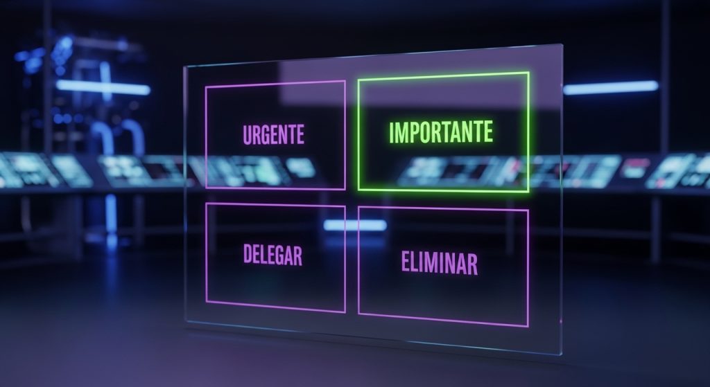 Infográfico neon mostrando os quadrantes da Matriz de Priorização para Empreendedores com as cores roxo e verde.