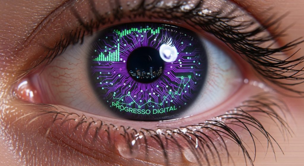 Um close-up de um olho humano com circuitos digitais roxos e verdes refletindo gráficos de crescimento.