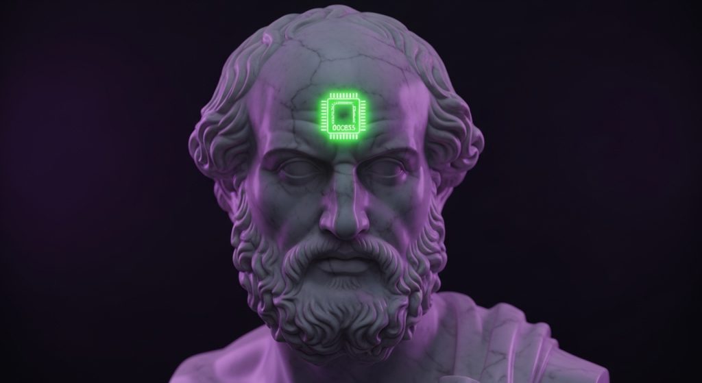 Uma estátua de mármore clássica com um chip de luz neon verde no centro da testa.
