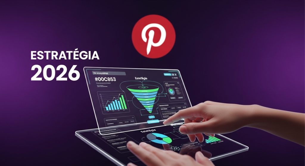 Um criador de conteúdo digital planejando sua estratégia de Metas vs Objetivos no Pinterest em um tablet futurista.