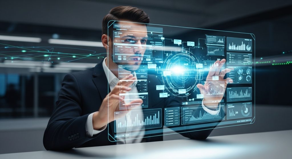 Um homem de negócios digital focado, operando uma interface futurista de gestão de tarefas.
