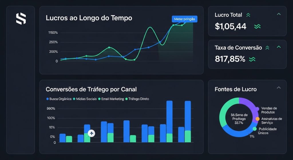 Um painel de controle digital com gráficos de barras neon roxas e verdes mostrando o aumento das vendas.