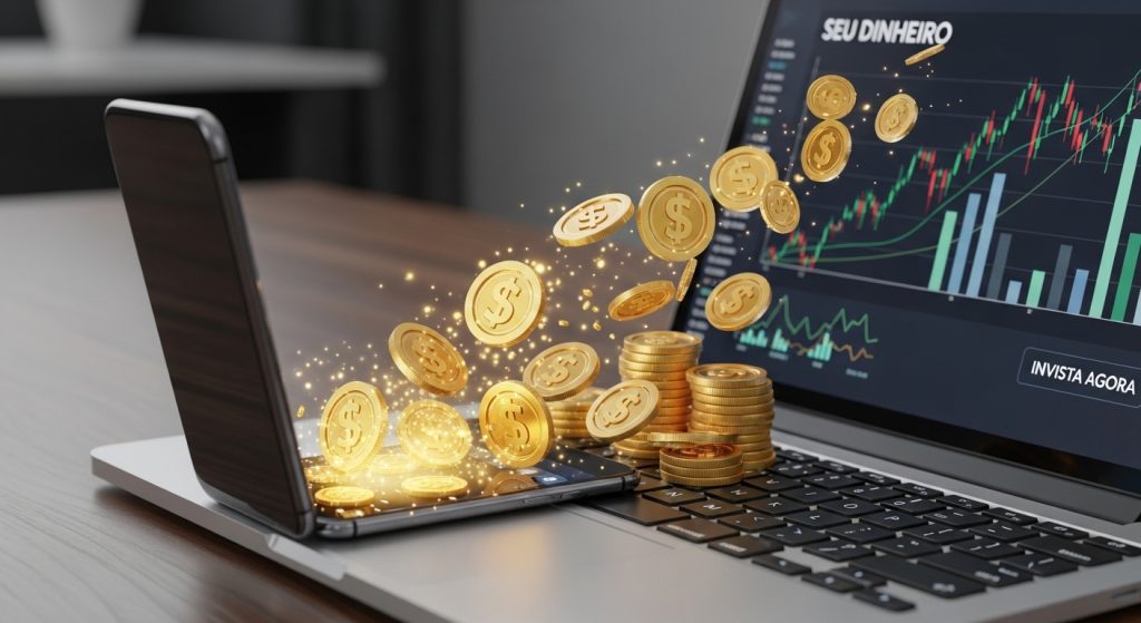 Moedas digitais de ouro saindo de um smartphone e formando uma pilha sobre um laptop.