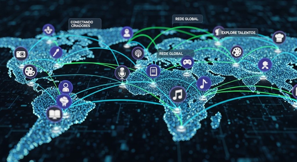 Nós de uma rede digital conectando diferentes ícones de criadores de conteúdo em um mapa global.
