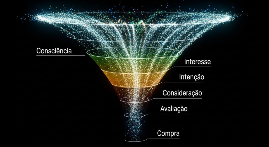 Uma estrutura de funil 3D translúcida com luzes neon verdes fluindo sem interrupção.