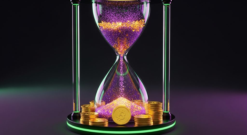Uma ampulheta futurista onde a areia se transforma em moedas de ouro digitais ao cair.
