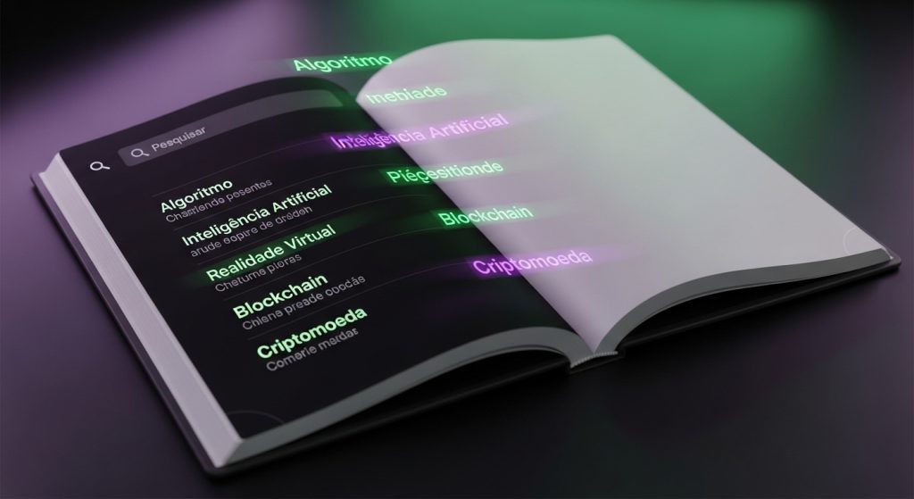 Um dicionário digital aberto com termos flutuando e brilhando em neon verde e roxo.