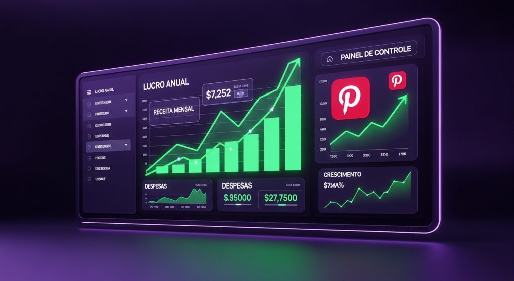 Um painel de controle holográfico mostrando gráficos de lucro subindo em neon verde intenso.