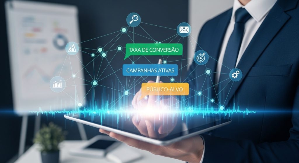 Um fluxo de partículas de dados roxas entrando em um microchip neon verde.