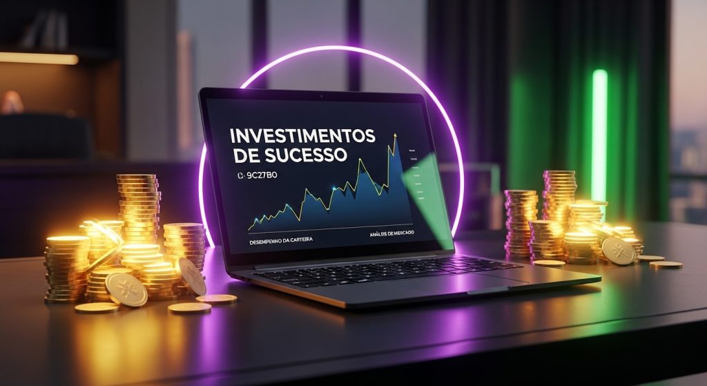 Uma pilha de moedas de ouro digitais crescendo ao lado de um notebook em um ambiente luxuoso.