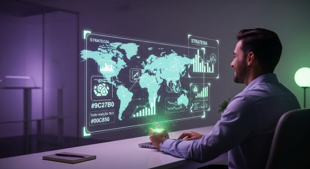 Um criador de conteúdo digital analisando um mapa mental holográfico em seu escritório.