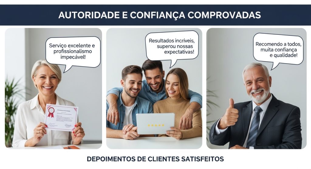 Uma galeria de fotos de pessoas reais com selos de aprovação e estrelas de avaliação neon.
