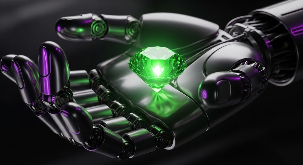 Uma mão robótica segurando um diamante feito de luz neon verde.
